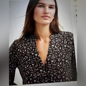 Madewell large Black brown White Floral Women's Top v-neck side slits l/s